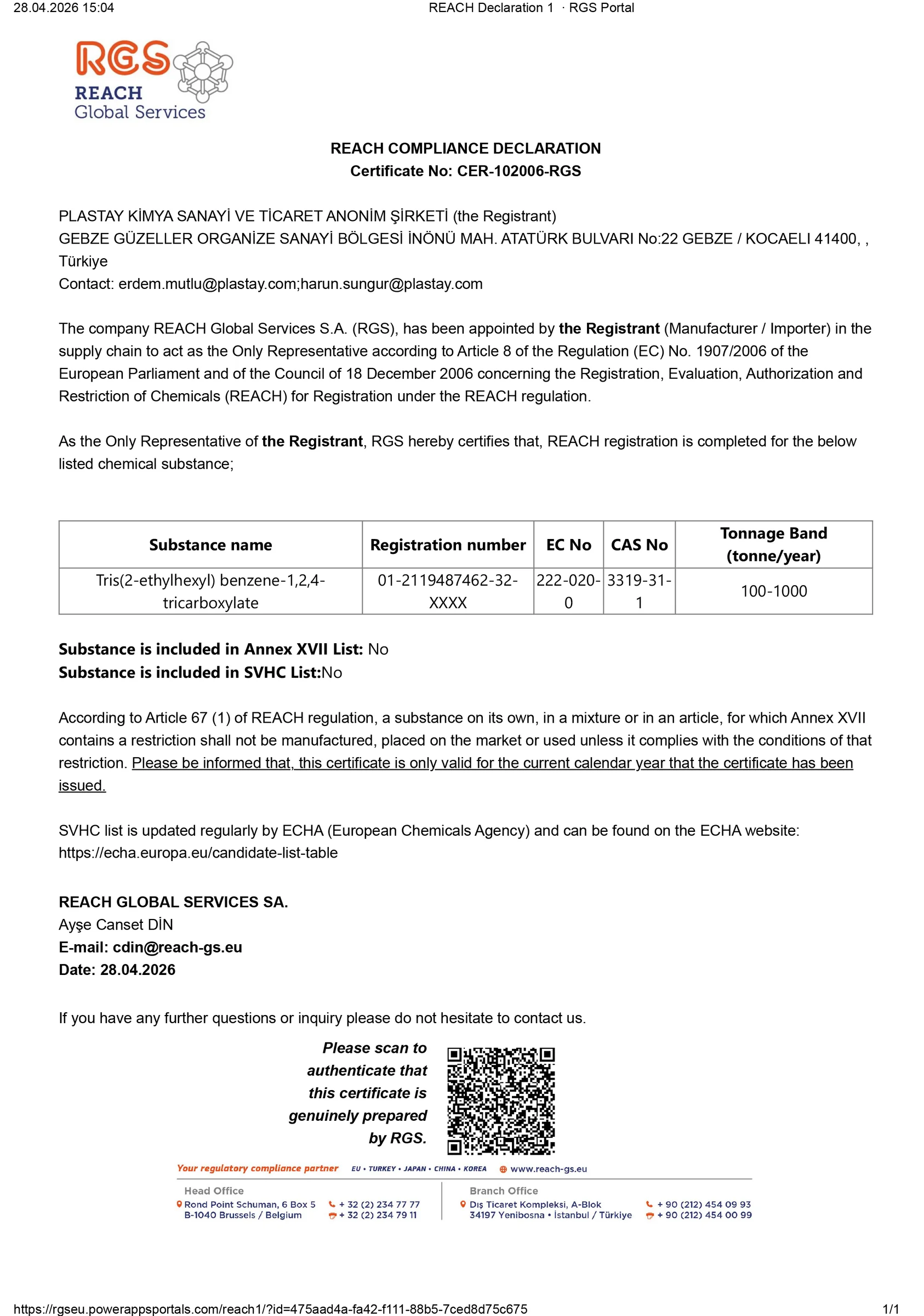 REACH Uygunluk Belgesi
