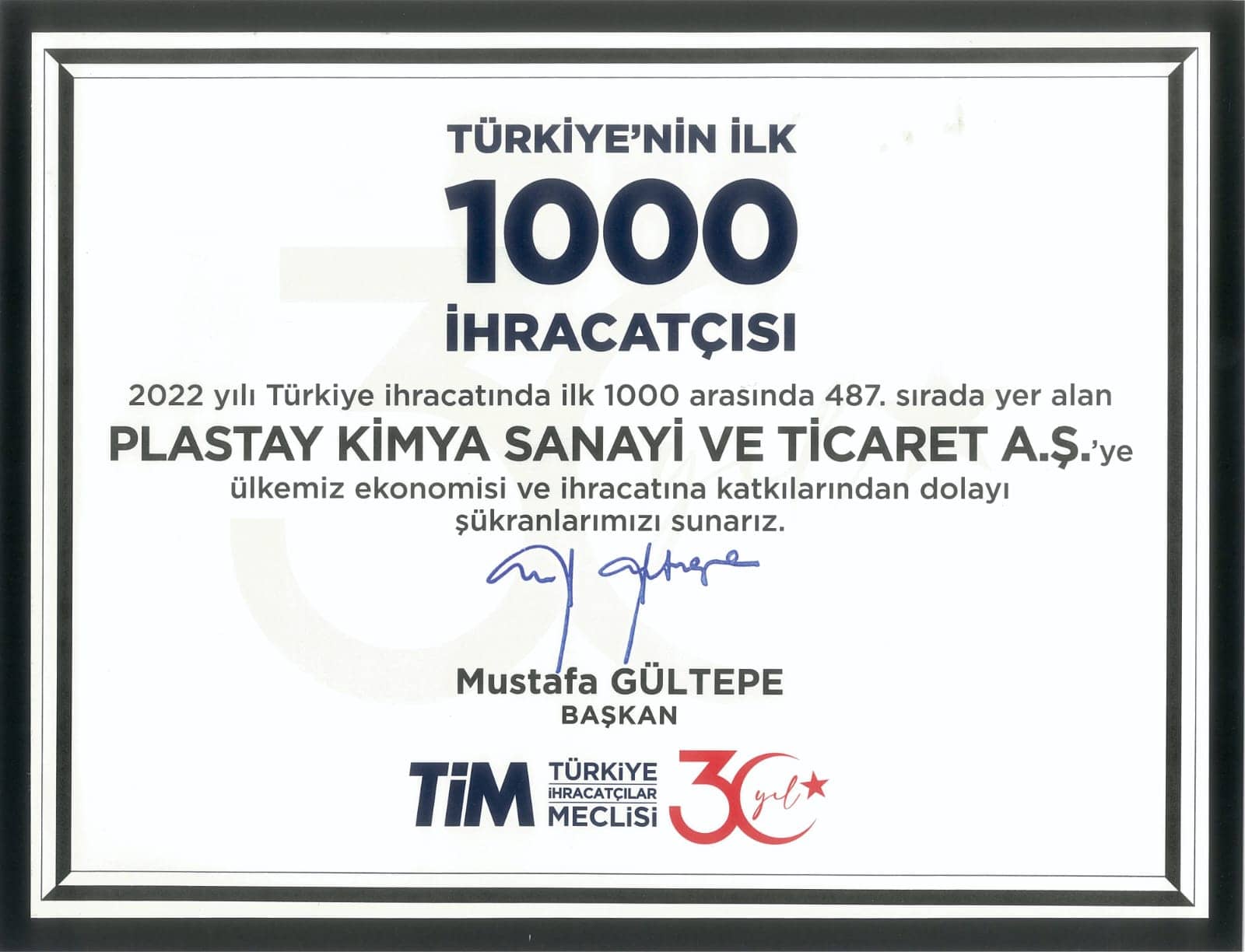 2022 Türkiye İhracatında İlk 1000 İçinde 487. Sıradayız